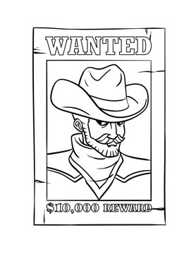 Cowboy Wanted Poster Isolated Coloring Page
