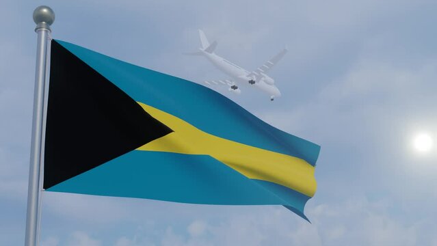 Seamless Looping Animation of an Airline Flying over the Flag of The Bahamas