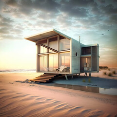 Small luxury modern beach house. Beach house. generative ai. Modern architecture. Villa by the sea