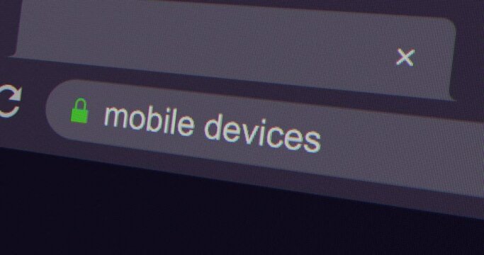 Typing mobile devices into address bar search screen animation, screen view of search page 4K resolution