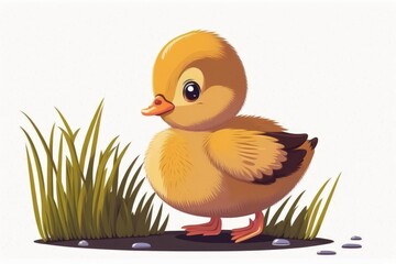 Fototapeta premium Little duckling in a cute pose on a white backdrop. Generative AI