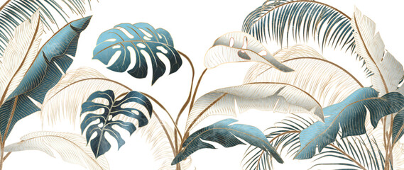 Abstract luxury tropical art background with palm leaves and monstera in gold and blue. Botanical banner for decor, print, textile, wallpaper, interior design. © VectorART