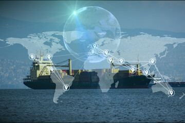 Container cargo ship in import export business logistic on digital world map with cyber globe