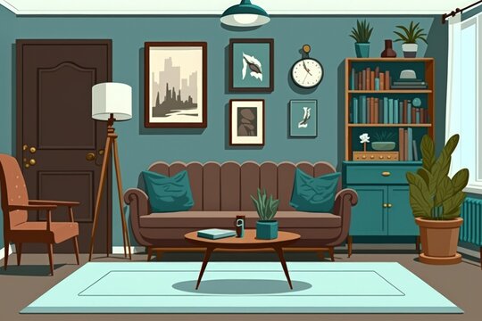 Interior design of harmonized living room with brown sofa, blue commode, coffee table, mock up poster frame, decoration, carpet and personal accessories. Stylish home decor. Template. Generative AI