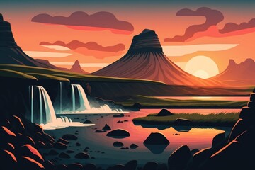 the lovely sunset over natural features and waterfalls. Iceland's Kirkjufell Mountain. Generative AI