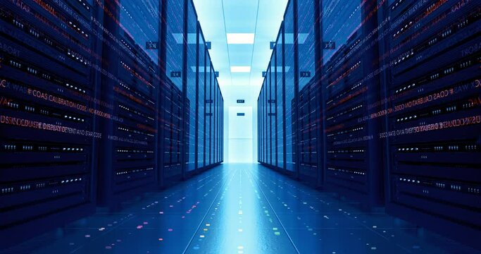 Flying through rack servers in computer data center. Neural network connection.