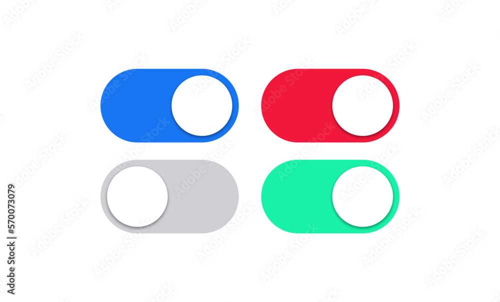 Poster Switch toggle buttons. On and Off toggle switch icon with red and green slider button, turn on and turn off icons with blue and grey buttons- enable or disable buttons. web ui mobile interface icons