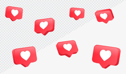 Heart in 3d speech bubble icon background. like heart social media notification icons 3d modern, love like chat bubbles social network post reactions - favorite hearts, 3d rendering, 3d illustration - obrazy, fototapety, plakaty