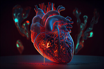 Anatomical model of human heart, glowing human heart hologram illustration. generative ai