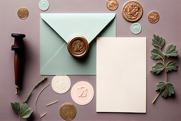 Mock up flat lay of stationary. Includes card or paper, a pastel blue envelope, an ornate wax seal, and a tool. Spring flowers surround a moody dark background, adapted from generative ai. - obrazy, fototapety, plakaty