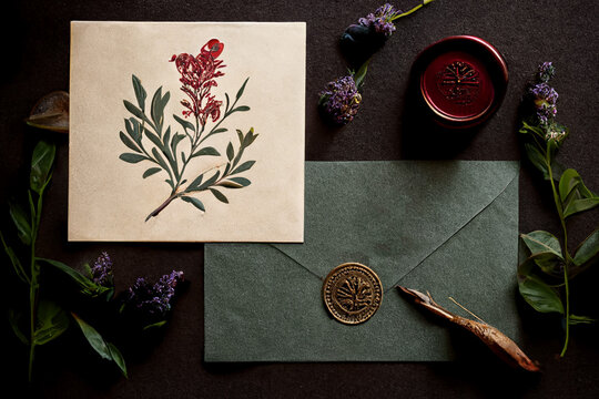 Mock up flat lay of stationary. Includes watercolor card or paper, a dusty green envelope, an ornate wax seal, and a tool. Spring flowers surround a moody dark background, adapted from generative ai.