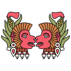Symmetrical animal design with two heads of monkey wearing earring and corn crown. Ozomatli. Native American art of Aztec Indians. From Mexican codex.