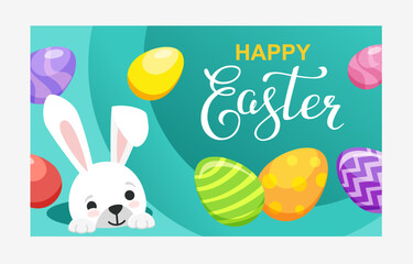 Card with bright Easter eggs, calligraphy text Happy Easter and cute bunny looks out of the hole
