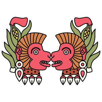 Symmetrical animal design with two heads of monkey wearing earring and corn crown. Ozomatli. Native American art of Aztec Indians. From Mexican codex.