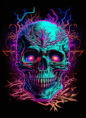 T-shirt print, retro neon human skull. Generative Ai.