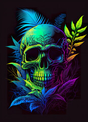 High concept illustration of skull in neon colors. Generative Ai