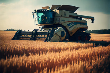 Harvester machine to harvest wheat field working. Combine harvester agriculture machine harvesting golden ripe wheat field. Agriculture. High quality ai generated illustration