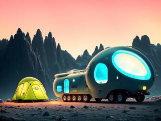 Camping in Space Travel Concept