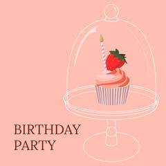Birthday cupcake with strawberry and candle on white empty cake stand. Birthday invitation, RCVP on pink background. Social media graphic design. 