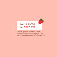 Location icon, party address. Strawberry birthday invitation on pink background. Social media graphic design. 