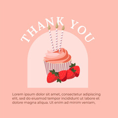 Pink cupcake with strawberry and candles on pink background. Birthday invitation, thank you card. Social media graphic design.