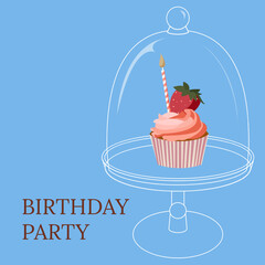 Birthday cupcake with strawberry and candle on white cake stand. Birthday invitation, RCVP on blue background. Social media graphic design. 