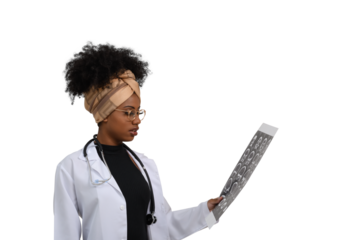female health professional analyzes a tomography