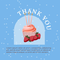 Pink cupcake with strawberry and candles on blue background. Birthday invitation, thank you card. Social media graphic design. Instagram post and stories. - 570076245