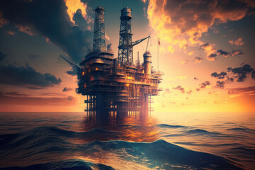 Industrial oil rig on calm ocean at sunset (Generative AI)