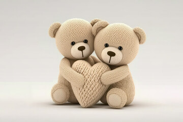 Cute two beige teddy bears holding a heart (Generative AI)