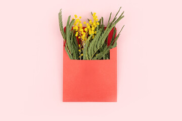 Minimal concept made with brunches of yellow mimosa flower in red envolope on pink background. Flat lay. Copy space. Spring flower concept. Woman day and Mother's Day concept.