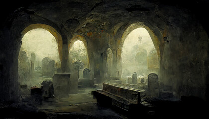 A sacred and mystical place with a gothic architecture, perfect to illustrate a spiritual scene or to accentuate a dark atmosphere. Generative AI