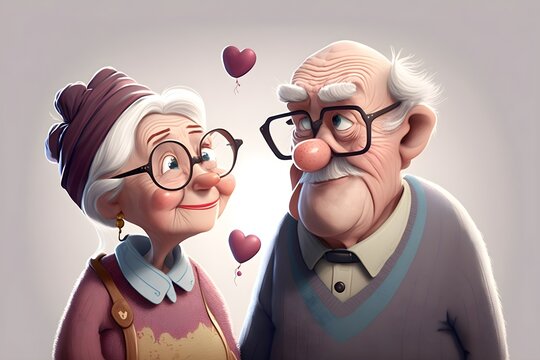 Illustration of a cute couple of old people in love, valentines day concept. Generative AI.