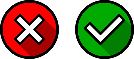 Yes and No or Right and Wrong or Approved and Declined Icons with Check Mark and X Signs with 3D Shadow Effect in Green and Red Circles. Vector Image.	
