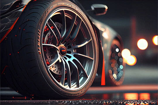 aluminium rim of sport car wheel. Detail background. High quality ai generated illustration