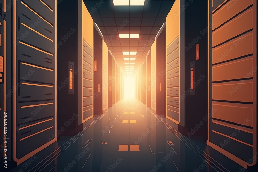 Poster with tall racks full of network servers and storage blades with sunlight at the end, this proposal f