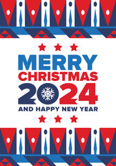 Merry Christmas and Happy New Year 2024. Magic holiday poster with snowflake. Winter celebration event. Christmas party. Congratulation card. Festive design template. Vector illustration