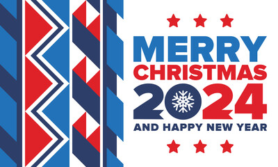 Merry Christmas and Happy New Year 2024. Magic holiday poster with snowflake. Winter celebration event. Christmas party. Congratulation card. Festive design template. Vector illustration