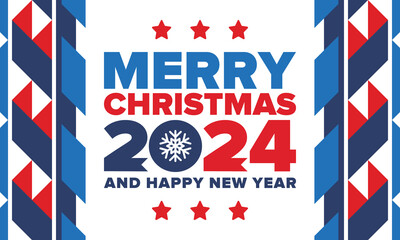 Merry Christmas and Happy New Year 2024. Magic holiday poster with snowflake. Winter celebration event. Christmas party. Congratulation card. Festive design template. Vector illustration