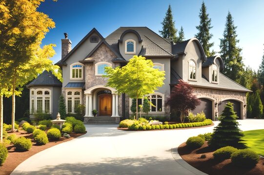 Beautiful luxury home with nice landscaping. AI Generative Illustrations