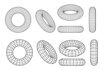 Wireframe torus with different structure of the grid frame PNG. Abstract 3d grid design. Technology style