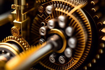 primer plano de una intrincada maquinaria compuesta por m&uacute;ltiples engranajes, ejes y engranajes entrelazados para realizar una operaci&oacute;n mec&aacute;nica espec&iacute;fica. Concepto de ingenier&iacute;a mec&aacute;nica.