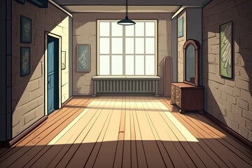 Fototapeta premium Interior space with a wooden floor and an aged concrete or plaster wall that serves as a studio backdrop for your items. Generative AI