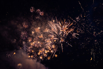 Bright, fiery fireworks against the background of the night sky.