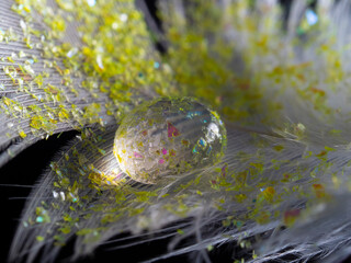 feather with rain drop and little glass glitters - beautiful macro photography