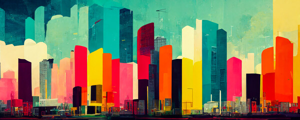 A colorful mural of the modern urban landscape - skyscrapers and buildings blending into a vibrant geometric form, creating a dynamic and moving effect. Generative AI - obrazy, fototapety, plakaty