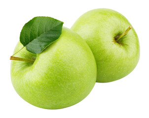 Two ripe green apple fruits with apple leaf isolated on transparent background.