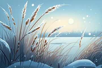 In the winter, grass in a field freezes with bits of snow and ice. In the winter, grass is covered with ice and frost. Generative AI