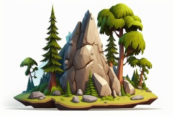 the woods. Rocks and a mountain on the island. On a white background, alone. Generative AI