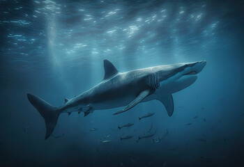 shark in the dark ocean created with Generative AI technology